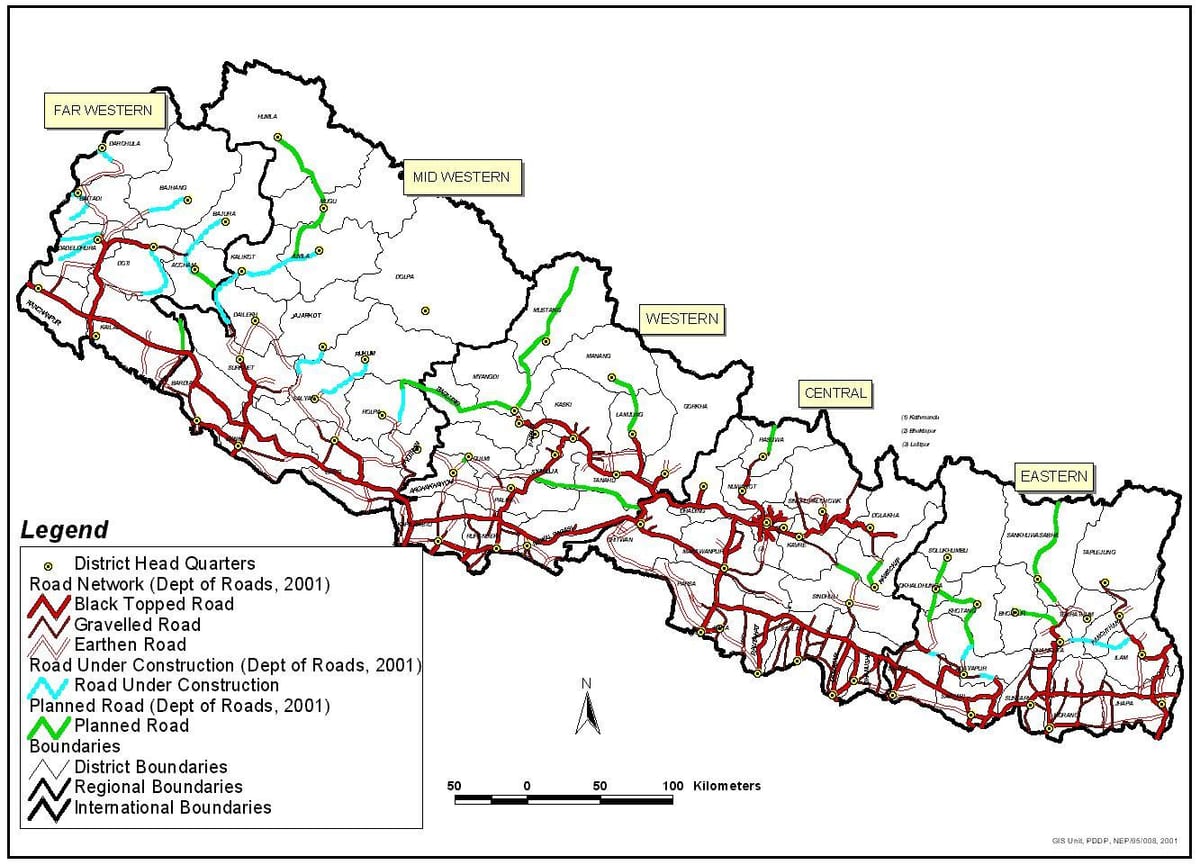 แผนที่ของถนนจากเนปาลงั้นหรองกับ districts. kgm